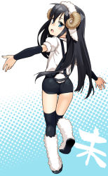 Rule 34 | 10s, 1girl, animal ears, asashio (kancolle), ass, bad id, bad pixiv id, black hair, blue eyes, boots, detached sleeves, fake animal ears, from behind, fur boots, gengorou, horns, kantai collection, long hair, looking back, outstretched arms, sheep ears, shirt, short shorts, shorts, smile, solo, spread arms, suspenders, tail, thighhighs, white footwear