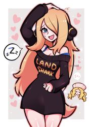 Rule 34 | 2girls, alternate costume, arm up, black sweater, blonde hair, blue eyes, border, breasts, caitlin (pokemon), casual, chibi, cleavage, closed eyes, cowboy shot, cowlick, creatures (company), cynthia (pokemon), english text, game freak, hair ornament, hair over one eye, hand on own head, head only, heart, highres, jewelry, large breasts, long hair, long sleeves, multiple girls, nintendo, no pants, off-shoulder sweater, off shoulder, open mouth, poke ball symbol, pokemon, pokemon bw, pokemon dppt, print sweater, raised eyebrows, ring, sleeping, sleepy, smile, solo focus, speech bubble, strap slip, sweatdrop, sweater, tank top, touyarokii, waking up, white border, zzz