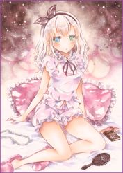 Rule 34 | 1girl, :o, bad id, bad pixiv id, bare legs, bloomers, blue eyes, book, border, colored pencil (medium), frilled pillow, frills, gradient background, green eyes, hair ribbon, heterochromia, jewelry, looking at viewer, marker (medium), mirror, necklace, on bed, original, painting (medium), pearl necklace, pillow, potto, potto (minntochan), ribbon, short hair, sitting, sky, sleepwear, slippers, solo, star (sky), starry sky, traditional media, underwear, watercolor (medium), white hair, yokozuwari
