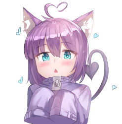 Rule 34 | 1girl, :&lt;, ahoge, animal ear fluff, animal ears, blue eyes, blush, copyright request, demon tail, hair between eyes, hands up, heart, heart ahoge, jacket, long sleeves, looking at viewer, newey, parted lips, purple hair, purple jacket, simple background, sleeves past fingers, sleeves past wrists, solo, tail, tail raised, triangle mouth, upper body, white background