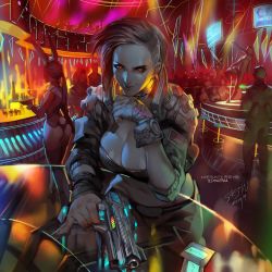 Rule 34 | 1girl, absurdres, aiming, aiming at viewer, ass, asymmetrical hair, breasts, cleavage, cyberpunk, cyberpunk (series), cyberpunk 2077, cyborg, dancing, dated, eyeliner, finger on trigger, forehead, glowing, glowing eyes, gun, handgun, head rest, highres, holding, holding gun, holding weapon, indoors, large breasts, leotard, lips, long hair, looking at viewer, makeup, neon trim, nightclub, nose, pinky out, pistol, playboy bunny, pole dancing, rabbit tail, realistic, red eyes, red hair, saejin oh, solo focus, strapless, strapless leotard, tail, thighhighs, undercut, v (cyberpunk), v (female), weapon, wrist cuffs