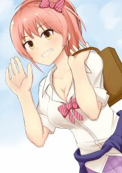 Rule 34 | 10s, 1girl, blush, bow, bowtie, breasts, carrying bag, carrying over shoulder, cleavage, clothes around waist, collarbone, day, dress shirt, eyelashes, grin, hair bow, highres, idolmaster, idolmaster cinderella girls, jougasaki mika, looking at viewer, medium breasts, outdoors, pink bow, pink hair, pleated skirt, ponytail, purple skirt, shirt, short sleeves, skirt, smile, solo, suzutarou gunsou, sweater, sweater around waist, teeth, waving, yellow eyes