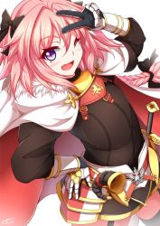 Rule 34 | 1boy, :d, astolfo (fate), belt, black jacket, black ribbon, black thighhighs, blush, braid, cape, commentary request, fang, fate/apocrypha, fate (series), fur trim, gauntlets, hair between eyes, hair ornament, hair ribbon, hand on own hip, horn (instrument), insignia, jacket, long hair, long sleeves, looking at viewer, male focus, one eye closed, open mouth, pink hair, purple eyes, ribbon, sayossa (pak-front), sheath, sheathed, simple background, single braid, smile, solo, sword, thighhighs, trap, tress ribbon, v, very long hair, weapon, white background, white cape