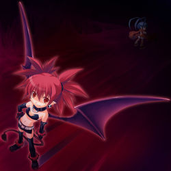 Rule 34 | 1boy, 1girl, blue hair, boots, choker, demon girl, disgaea, earrings, etna (disgaea), gloves, jewelry, laharl, makai senki disgaea 2, makai senki disgaea 3, nanaran, nippon ichi, red eyes, red hair, scarf, shoes, tail, thighhighs, wings