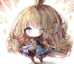 Rule 34 | 1girl, ;o, armor, armored boots, armored dress, bad id, bad pixiv id, black gloves, blonde hair, blue dress, blue eyes, blush, boots, charlotta (granblue fantasy), chibi, cottontailtokki, crown, dress, emphasis lines, fingerless gloves, frilled dress, frills, gloves, granblue fantasy, harvin, long hair, looking at viewer, mini crown, one eye closed, outstretched arm, parted lips, pointy ears, puffy short sleeves, puffy sleeves, shadow, short sleeves, solo, sparkle, standing, very long hair, white background