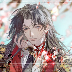 Rule 34 | 1boy, bad bcy id, bad id, bishounen, black sleeves, blue sky, blurry, blurry background, brown hair, cherry blossoms, chinese clothes, closed mouth, collared shirt, dangle earrings, day, earrings, fingernails, floral print, flower, flower knot, grey eyes, hand on own chin, hanfu, high collar, highres, jewelry, kagaho jiade qingsi, light smile, lips, long hair, long sleeves, looking at viewer, male focus, neck ribbon, original, outdoors, parted bangs, pink flower, red ribbon, red robe, ribbon, robe, sample watermark, shirt, sky, sleeves past wrists, solo, tassel, tassel earrings, thick eyebrows, upper body, watermark, white shirt