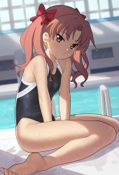 Rule 34 | 1girl, absurdres, black one-piece swimsuit, blurry, blurry background, blush, brown eyes, brown hair, commentary, competition swimsuit, dutch angle, english commentary, female focus, highres, indoors, long hair, looking at viewer, one-piece swimsuit, pool, pool ladder, shirai kuroko, sitting, sleepy frippy, solo, swimsuit, thighs, toaru kagaku no railgun, toaru majutsu no index, v arms, wariza