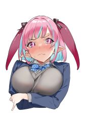 Rule 34 | 1girl, arms under breasts, blue hair, blush, bow, bowtie, breasts, closed mouth, cropped torso, crossed arms, demon girl, deredere, diagonal-striped bow, diagonal-striped bowtie, diagonal-striped clothes, fang, frown, hair horns, hair ribbon, highres, horns, jacket, kanan-sama wa akumade choroi, kanan (kanan-sama), large breasts, light blue hair, nervous, nonco, official art, pink eyes, pink hair, pink horns, pinky out, pointy ears, ribbon, school uniform, simple background, skin fang, slit pupils, striped, striped clothes, sweat, sweater, upper body, white background
