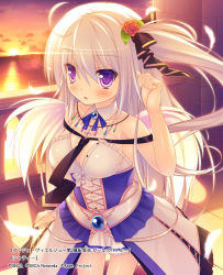 Rule 34 | 10s, 1girl, ange vierge, bare shoulders, blush, breasts, cleavage, collar, collarbone, dress, flower, gokireddo, hair flower, hair ornament, highres, jewelry, large breasts, long hair, necklace, open mouth, outdoors, purple eyes, side ponytail, silver hair, solo, sunset