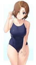 Rule 34 | 1girl, absurdres, arm up, bare arms, bare legs, bare shoulders, blue one-piece swimsuit, blush, breasts, brown eyes, brown hair, closed mouth, collarbone, commentary request, competition school swimsuit, covered navel, cowboy shot, highres, idolmaster, idolmaster cinderella girls, large breasts, leaning forward, looking at viewer, mizuki seira, onao, one-piece swimsuit, parted bangs, school swimsuit, short hair, simple background, smile, solo, standing, swimsuit, thigh gap, two-tone background, wet, white background