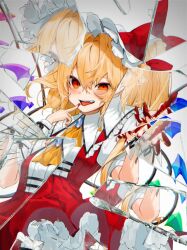 Rule 34 | 1girl, app filter, ascot, blonde hair, blood, blood on hands, bow, brooch, commentary request, crystal, fang, flandre scarlet, frilled shirt, frilled shirt collar, frilled skirt, frilled sleeves, frills, gotou (nekocat), hair between eyes, hat, hat ribbon, highres, jewelry, long hair, looking at viewer, mob cap, one side up, orange ascot, puffy short sleeves, puffy sleeves, red bow, red eyes, red ribbon, red skirt, red vest, ribbon, shirt, short sleeves, simple background, skirt, solo, teeth, tongue, tongue out, touhou, upper teeth only, vest, white background, white hat, white shirt, wings