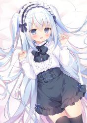 Rule 34 | 1girl, black skirt, black thighhighs, blue eyes, blue hair, blush, character request, copyright request, hair ornament, hairband, hairclip, highres, lolita hairband, long hair, long sleeves, lying, on back, open mouth, piyodera mucha, shirt, skirt, smile, solo, thighhighs, thighs, two side up, very long hair, white shirt, white sleeves