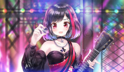 Rule 34 | \m/, absurdres, afterglow (bang dream!), bang dream!, black hair, blush, bob cut, chain necklace, earrings, grey hair, guitar, highres, holding, holding plectrum, hoop earrings, instrument, jewelry, looking at viewer, mitake ran, multicolored hair, necklace, plectrum, purple eyes, red hair, scaffolding, short hair, smile, solo, streaked hair