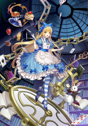 Rule 34 | 1girl, ace (playing card), ace of clubs, ace of spades, alice (alice in wonderland), alice in wonderland, animal, ankle belt, apron, artist name, black ribbon, blonde hair, blue bow, blue dress, blue footwear, blue pantyhose, book, bookshelf, bow, bowtie, card, chain, clock, clothed animal, club (shape), coattails, collar, colored sclera, commentary request, cup, cupcake, dated, dhkdldpa, dress, dress bow, floating card, food, formal, frilled apron, frilled collar, frilled dress, frills, fruit, full body, gears, glove bow, gloves, hair bow, high heels, highres, holding, holding pocket watch, key, long hair, looking at viewer, neck ribbon, night, night sky, open book, open mouth, oversized object, pantyhose, plate, playing card, pocket watch, puffy short sleeves, puffy sleeves, rabbit, red bow, red sclera, ribbon, short sleeves, sidelocks, sky, smile, solo focus, spade (shape), strawberry, striped clothes, striped thighhighs, suit, tea, teacup, thighhighs, watch, white gloves, white rabbit (alice in wonderland), white thighhighs