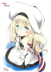 Rule 34 | 1girl, absurdres, artist name, beret, blonde hair, blue eyes, chibi, commentary, dated, dress, gloves, hair between eyes, hat, highres, kantai collection, long hair, mole, mole under mouth, multicolored clothes, multicolored dress, multicolored gloves, multicolored scarf, one-hour drawing challenge, richelieu (kancolle), scarf, simple background, solo, strapless, strapless dress, taisinkoku, translated