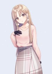 Rule 34 | 1girl, arm behind back, black gloves, blue background, breasts, brown eyes, brown hair, collarbone, commentary request, earrings, gloves, grey skirt, hand on own chest, head tilt, highres, jewelry, long hair, looking at viewer, medium breasts, nijisanji, parted lips, pink shirt, pom pom (clothes), puffy sleeves, rimo, shirt, shirt tucked in, sidelocks, simple background, sister claire, sister claire (4th costume), skirt, sleeves past wrists, solo, standing, virtual youtuber