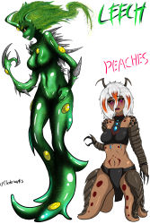 Rule 34 | absurdres, antennae, arthropod girl, blush, colored skin, cpt.tester works, gem, green skin, highres, horns, jewelry, leech (cpt.tester), looking at viewer, monster girl, peaches (cpt.tester), red eyes, shell, size difference, slime girl, spikes, strapless, tattoo, tube top, white hair, yellow eyes