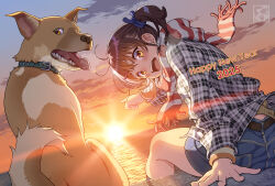 1girl aoi_sora_(pairan) blush brown_eyes brown_hair cloud cloudy_sky commentary_request denim denim_shorts dog from_behind happy_new_year looking_at_viewer mixed-language_commentary new_year open_mouth original pairan plaid_clothes plaid_shirt pointing red_scarf scarf shirt shorts side_ponytail sitting sky smile striped_clothes striped_scarf sunrise teeth upper_teeth_only white_scarf wind yellow_eyes