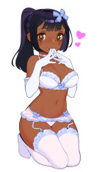Rule 34 | 1girl, blue bow, blue choker, blush, bow, bow bra, bra, breasts, bright pupils, brown eyes, choker, cleavage, closed mouth, commentary, commission, dark skin, dark-skinned female, elbow gloves, english commentary, freckles, frilled bra, frills, full body, garter belt, gloves, hair bow, halphelt, hands up, highres, kneeling, large breasts, looking at viewer, navel, original, own hands together, panties, pink panties, ponytail, print panties, purple hair, simple background, smile, solo, steepled fingers, thighhighs, underwear, underwear only, white background, white bra, white gloves, white pupils