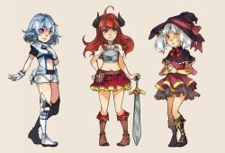 Rule 34 | 3girls, ahoge, alpha (acerailgun), android, bare shoulders, belt, blue eyes, blue hair, boots, borrowed character, braid, c-r-y-s, capelet, cecilia (acerailgun), creepy, dress, erica (acerailgun), full body, gloves, hand on hilt, hand on own chest, hand on own hip, hat, heterochromia, horns, lineup, long hair, midriff, multiple girls, navel, original, own hands clasped, own hands together, pink eyes, red hair, simple background, skirt, sword, thigh boots, thighhighs, twin braids, twintails, weapon, white hair, witch, witch hat, yellow eyes