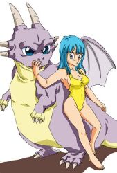 Rule 34 | 1990s (style), 1girl, artist request, barefoot, blue hair, blunt bangs, breasts, casual one-piece swimsuit, cleavage, dragon, dragon ball, dragonball z, female focus, full body, horns, icarus (dragon ball), large breasts, long hair, maron (dragon ball), monster, one-piece swimsuit, retro artstyle, sideboob, simple background, smile, solo, standing, swimsuit, white background, wings