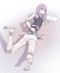 Rule 34 | 1girl, android, barefoot, black tank top, blunt bangs, book, cable, commentary request, damaged, highres, joints, looking at viewer, lying, mechanical parts, on floor, on stomach, open book, original, pale color, pink hair, purple eyes, robot joints, short shorts, shorts, soles, solo, sukabu, tank top, tube, white shorts, wooden floor