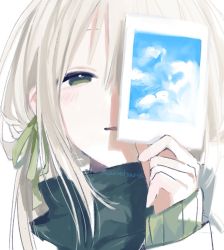 Rule 34 | 1girl, blonde hair, blush, cloud, drawing (object), green eyes, green ribbon, hair ribbon, half-closed eyes, holding, holding drawing, long hair, original, parted lips, portrait, qidius, ribbon, signature, simple background, sleeves past wrists, smile, solo, upper body, white background