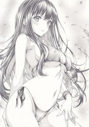 Rule 34 | 1girl, bikini, blush, breasts, cleavage, covered erect nipples, graphite (medium), inoue takina, large breasts, long hair, lycoris recoil, mikuro, monochrome, navel, side-tie bikini bottom, solo, swimsuit, traditional media, underboob, very long hair, water