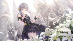 Rule 34 | 1girl, absurdres, bare shoulders, black dress, blue eyes, braid, breasts, building, cathedral, character request, chronos gate, commentary request, dress, flower, frilled dress, frills, grey hair, hair over shoulder, hands up, highres, long hair, looking at viewer, missile228, outdoors, parted lips, petals, single braid, small breasts, solo, standing, virtual youtuber, white flower, wrist cuffs, yellow flower