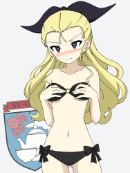 Rule 34 | 1girl, angry, assam (girls und panzer), bare shoulders, bikini, black bikini, black ribbon, blonde hair, blue eyes, blush, breasts, closed mouth, commentary, covering privates, covering breasts, cowboy shot, embarrassed, emblem, frown, girls und panzer, grey background, hair pulled back, hair ribbon, highres, ichinose jun, long hair, looking at viewer, medium breasts, navel, o-ring, o-ring bikini, ribbon, side-tie bikini bottom, simple background, solo, st. gloriana&#039;s (emblem), standing, strapless, strapless bikini, swimsuit