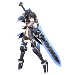Rule 34 | 1girl, absurdres, ahoge, arm up, armor, armored boots, bare shoulders, bikini, bikini top only, black footwear, black hair, black shorts, black thighhighs, black vest, blunt bangs, blush, boots, breasts, cleavage, collar, cosmic break 2, full body, gauntlets, high heels, highres, holding, holding sword, holding weapon, huge weapon, knee boots, knee pads, looking at viewer, lunastasia, mecha musume, midriff, navel, official art, open clothes, open vest, purple eyes, short shorts, shorts, simple background, small breasts, solo, swimsuit, sword, thighhighs, vest, weapon, white background