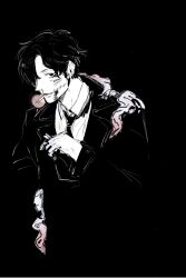 Rule 34 | 1boy, black background, black hair, blood, blood on face, chainsaw man, cigarette, coat, collared shirt, dark background, ear piercing, formal, greyscale, highres, kishibe (chainsaw man), kishibe (young) (chainsaw man), looking at viewer, monochrome, necktie, piercing, shirt, short hair, simple background, smoking, solo, stitched face, stitches, suit, swissman