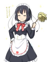 Rule 34 | 1girl, antennae, apron, black hair, blush, commentary, duster, closed eyes, frills, hand on own hip, highres, kemono friends, long sleeves, maid, maid headdress, official alternate costume, shiraha maru, short hair, simple background, sketch, smile, smug, solo, sparkle, translated, waist apron, western parotia (kemono friends), white background