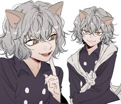 Rule 34 | 1other, androgynous, animal ears, cat ears, cat tail, chimera ant, collage, curly hair, fingernails, hunter x hunter, karasuma (wbeach01), long sleeves, looking at viewer, neferpitou, other focus, ribbed shorts, sharp fingernails, short hair, simple background, smile, tail, upper body, white background, white hair, yellow eyes