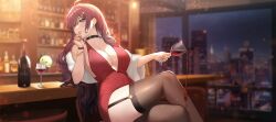 Rule 34 | :3, ahoge, alcohol, bar (place), bar stool, black choker, black thighhighs, blurry, bokeh, bottle, bracelet, breasts, brown hair, building, choker, cleavage, cocktail dress, crossed legs, cup, depth of field, dress, drinking glass, drinking straw, elbow on table, fortissimo, garter straps, green eyes, hair ornament, hand on own chin, head rest, highres, holding, holding cup, indie virtual youtuber, jewelry, large breasts, long hair, looking at viewer, miori celesta, mogu (miori celesta), momera, musical note, musical note hair ornament, night, parted lips, plunging neckline, pouring, pouring onto self, red dress, sparkle, star (symbol), star in eye, stool, symbol in eye, thighhighs, treble clef, virtual youtuber, wine, wine bottle, wine glass