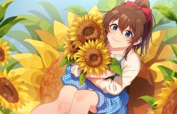 Rule 34 | 1girl, blue eyes, blurry, brown hair, closed mouth, collarbone, depth of field, flower, idolmaster, idolmaster million live!, idolmaster million live! theater days, kamille (vcx68), long hair, looking at viewer, polka dot, ponytail, satake minako, smile, solo, sparkle, sunflower