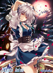 Rule 34 | 1girl, apron, arms up, between fingers, blue dress, bow, braid, breasts, cleavage, clock, clock tower, commentary request, corset, cowboy shot, danmaku, dress, frilled apron, frills, green bow, green ribbon, hair bow, head tilt, holding, holding knife, holding weapon, holster, izayoi sakuya, knife, knives between fingers, light particles, lipstick, looking at viewer, maid, maid apron, maid headdress, makeup, medium breasts, monety, neck ribbon, night, night sky, outdoors, parted lips, petals, petticoat, pink lips, pocket watch, puffy short sleeves, puffy sleeves, red eyes, ribbon, rose petals, shirt, short dress, short hair, short sleeves, silhouette, silver hair, sky, solo, thigh holster, thighs, touhou, tower, twin braids, waist apron, watch, weapon, white apron, white shirt, wrist cuffs