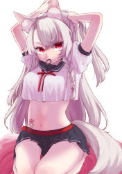 Rule 34 | 1girl, absurdres, animal ear fluff, animal ears, arms behind head, arms up, azur lane, belt, black sailor collar, black skirt, blush, braid, breasts, commentary request, crop top, crop top overhang, fujimura ram, hair between eyes, hair tie, highres, long hair, looking at viewer, medium breasts, midriff, miniskirt, mouth hold, navel, neck ribbon, pleated skirt, puffy short sleeves, puffy sleeves, red belt, red eyes, red ribbon, ribbon, sailor collar, school uniform, seiza, serafuku, short sleeves, side braid, sidelocks, silver hair, simple background, sitting, skirt, solo, stomach tattoo, tail, tattoo, thick eyebrows, tying hair, white background, wolf ears, wolf tail, yuudachi (azur lane)