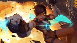 Rule 34 | 2girls, bad id, bad pixiv id, blonde hair, blue eyes, bodysuit, brown hair, catsmoon, chest harness, dual wielding, energy gun, explosion, goggles, gun, halo, harness, highres, holding, holding gun, holding staff, holding weapon, looking at viewer, mechanical halo, mechanical wings, mercy (overwatch), multiple girls, orange bodysuit, orange eyes, overwatch, overwatch 1, pantyhose, parted lips, short hair, smile, spiked hair, spread wings, staff, tracer (overwatch), weapon, wings, yellow wings
