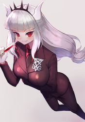 Rule 34 | 1girl, alcohol, black pants, blunt bangs, blush, breasts, closed mouth, collared shirt, commentary request, cup, demon girl, demon horns, demon tail, drinking glass, feet out of frame, formal, from above, gloves, grey background, helltaker, highres, holding, horns, jacket, large breasts, long hair, long sleeves, looking at viewer, lucifer (helltaker), mole, mole under eye, necktie, pants, red eyes, red shirt, shirt, simple background, smile, solo, standing, suit, tail, totorosu, white gloves, white hair, white horns, wine, wine glass, wing collar