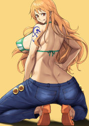 Rule 34 | 1girl, back, bnc (bunshi), breasts, brown eyes, denim, highres, large breasts, long hair, looking at viewer, looking back, nami (one piece), one piece, orange hair, sandals, sideboob, simple background, solo, tattoo, tongue, tongue out, very long hair, yellow background