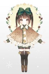 Rule 34 | 1girl, aran sweater, bad id, bad pixiv id, black shorts, black thighhighs, blush, boots, brown eyes, brown footwear, brown hair, cable knit, capelet, child, closed mouth, frills, gomzi, green ribbon, hair ribbon, looking at viewer, original, ribbed legwear, ribbed sweater, ribbon, short shorts, shorts, smile, solo, sweater, thighhighs, twintails, white background, wreath