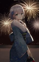 Rule 34 | 1girl, bag, blue flower, blue kimono, blush, breasts, closed mouth, commentary, cowboy shot, fireworks, floral print, flower, from side, fur collar, green eyes, hair flower, hair ornament, hand on own chest, handbag, highres, holding, holding bag, hololive, japanese clothes, kimono, kinsuke z, long sleeves, looking at viewer, looking to the side, medium breasts, night, night sky, obi, outdoors, print kimono, sash, shirogane noel, shirogane noel (new year), short hair, short ponytail, silver hair, sky, smile, solo, star (sky), starry sky, symbol-only commentary, virtual youtuber, white flower, wide sleeves, yukata