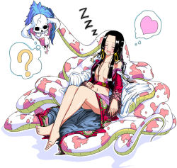 Rule 34 | 1girl, ?, barefoot, black hair, boa hancock, breasts, cape, cleavage, earrings, female focus, heart, highres, horns, jacket, jewelry, long hair, long skirt, navel, one piece, red jacket, red shirt, salome (one piece), shirt, side slit, simple background, sitting, skirt, skull, sleeping, snake, spotted