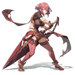 Rule 34 | 1girl, absurdres, aegis sword (xenoblade), artist request, breasts, highres, holding, holding sword, holding weapon, large breasts, pyra (xenoblade), red eyes, red hair, simple background, solo, sword, weapon, white background, xenoblade chronicles (series), xenoblade chronicles 2