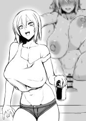 Rule 34 | 1girl, :d, absurdres, bar censor, bare arms, bare shoulders, breasts, can, censored, cleavage, commentary request, covered erect nipples, cowgirl position, erection, girl on top, greyscale, hair between eyes, highres, holding, holding can, large breasts, looking at viewer, megao 3rd, midriff, mole, mole under eye, monochrome, mosaic censoring, navel, nipples, nude, off shoulder, open mouth, original, penis, sex, short hair, short shorts, shorts, smile, straddling, strap slip, tank top, thighs, white tank top