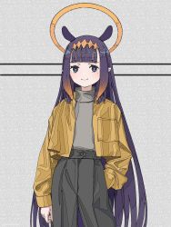 Rule 34 | 1girl, animal ears, bad id, bad pixiv id, blunt bangs, closed mouth, commentary, cowboy shot, gradient hair, grey background, grey pants, grey sweater, hair ornament, halo, hand in pocket, highres, hololive, hololive english, jacket, kenharu, ligne claire, long hair, long sleeves, mole, mole under eye, multicolored hair, ninomae ina&#039;nis, orange hair, pants, pointy ears, purple eyes, purple hair, smile, solo, sweater, tentacle hair, virtual youtuber, yellow jacket