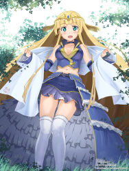 Rule 34 | 1girl, :d, arksign, bare shoulders, blonde hair, blush, breasts, bridal gauntlets, choker, circlet, cleavage, clenched hands, collarbone, detached sleeves, dress, frilled thighhighs, frills, green eyes, highres, kimura shigetaka, long hair, looking at viewer, midriff, navel, open mouth, original, over-kneehighs, skindentation, skirt, smile, solo, standing, thighhighs, very long hair, white thighhighs, wide sleeves, yui (arksign), zettai ryouiki