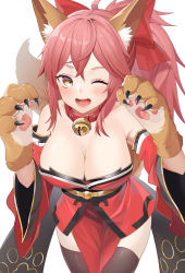Rule 34 | 1girl, ;d, absurdres, animal ear fluff, animal ears, animal hands, bad id, bad pixiv id, bell, black thighhighs, blush, breasts, brown eyes, cleavage, collar, commentary request, detached sleeves, fate/grand order, fate (series), fox ears, fox girl, fox tail, gloves, guntree, highres, japanese clothes, jingle bell, kimono, large breasts, leaning forward, long hair, long sleeves, looking at viewer, obi, one eye closed, open mouth, paw gloves, pink hair, ponytail, red kimono, sash, sidelocks, simple background, smile, solo, tail, tamamo (fate), tamamo cat (fate), tamamo cat (first ascension) (fate), thighhighs, white background, wide sleeves