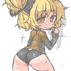 Rule 34 | 1girl, adapted costume, against wall, arm warmers, ass, blonde hair, blush, bow, hair bow, kureha mitsushige, kurodani yamame, leather, long hair, naughty face, ponytail, shirt, short hair, sleeves past wrists, smile, smirk, solo, sweat, thighs, touhou